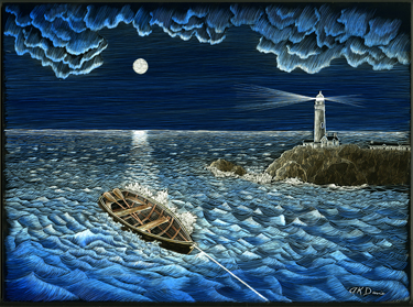 Rowboat Near Lighthouse Night